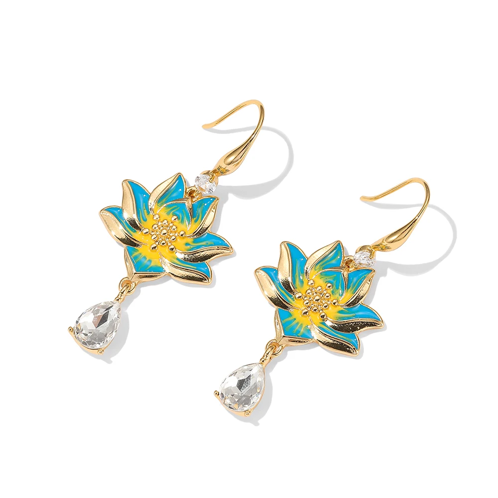 

Advanced design hand-painted fashion blue lotus drop tassel earrings elegant temperament gold-plated jewelry long earring.