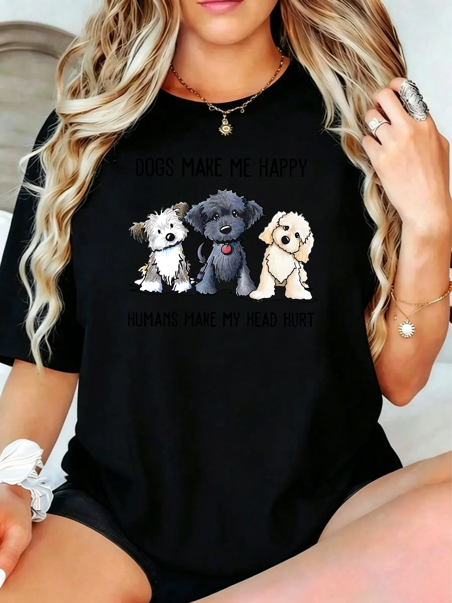 1Pcs Plus Size Women T-Shirt, Dogs Make Me Happy Humans Make My Head Hurt Shirt, Loose Type Shirt for Women