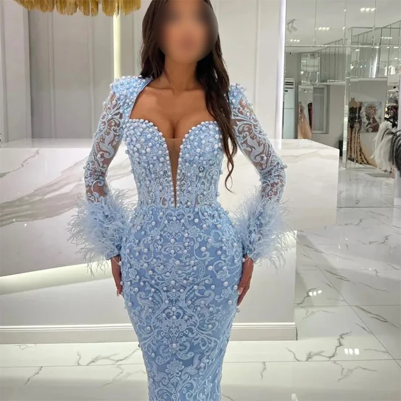 Square Neck Light Blue Evening Dress Mermaid Lace Applique Beaded Pearl Prom Dresses Customized Dresses For Gala