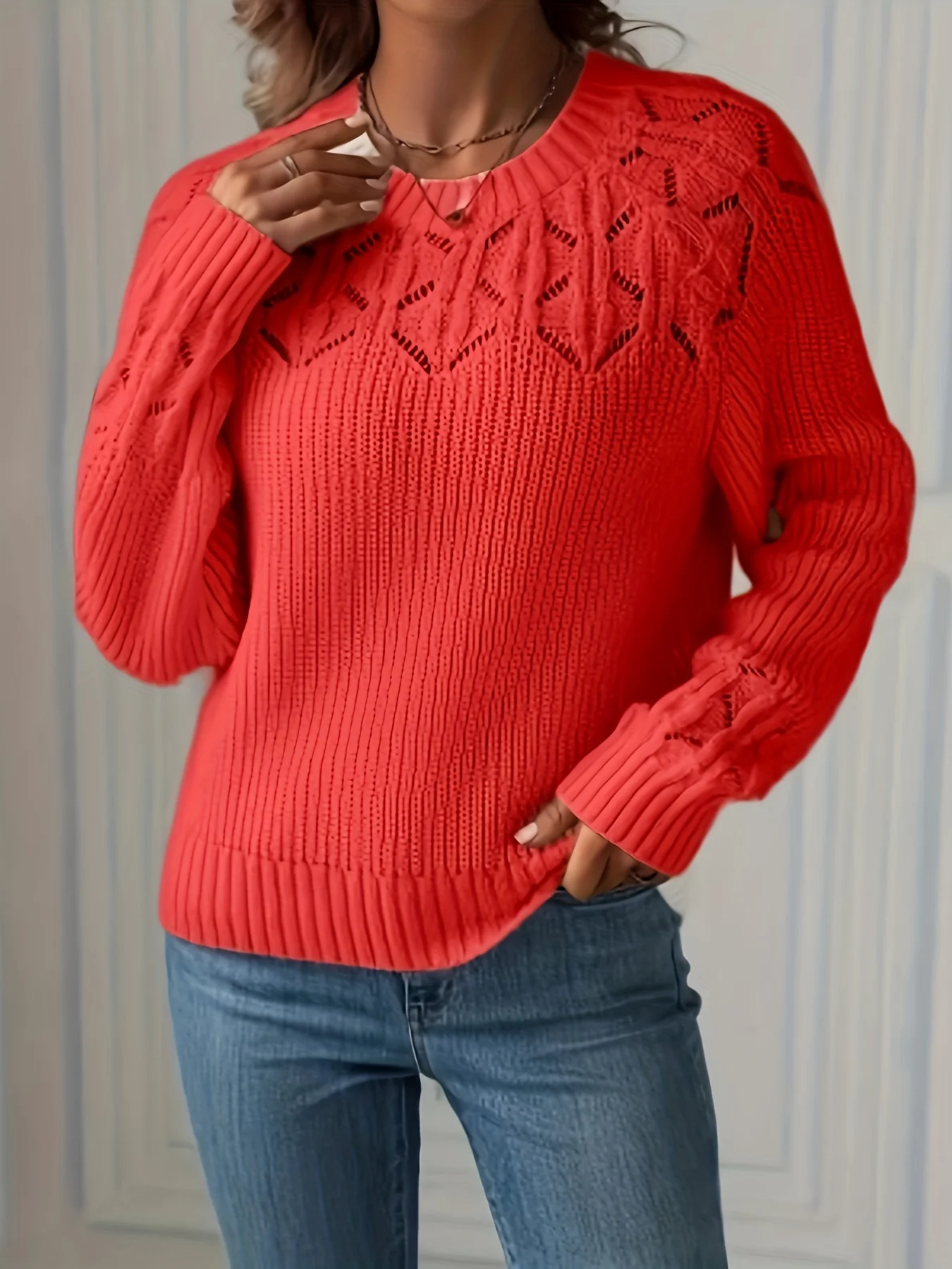 

Женский красный вязаный пуловер большого размера, модный, простой, в стиле ретро, с круглым вырезом, с ажурным узором