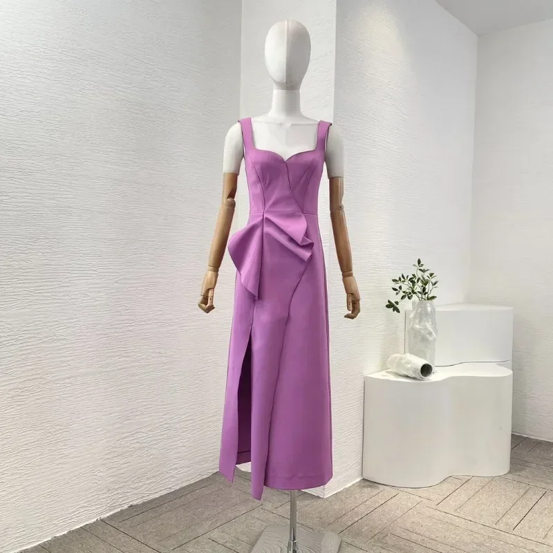 Elegant Women's White/Violet Sleeveless Sexy Slim Slit Hem  Top Quality Midi Dresses Females' Daily Wear