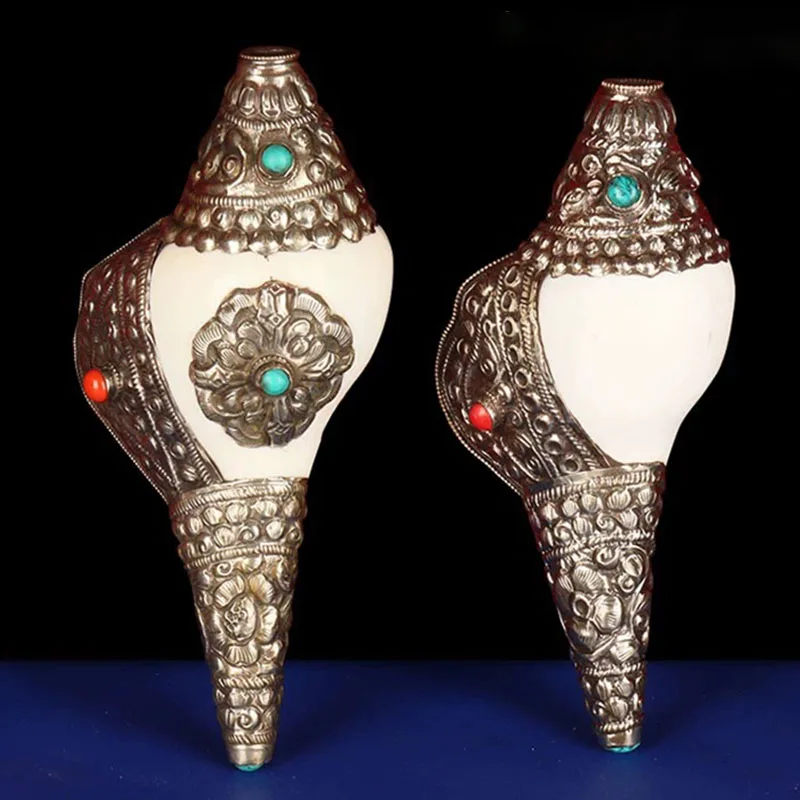 Nepal Handmade Conch Trumpet Copper Edge Seashell Trumpet Natural Right-handed Seashells Home Decoration Conches Ornaments