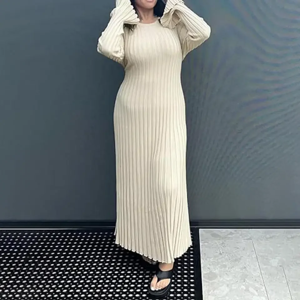 Knitted Wrap Long Dresses Elegant Threaded Knitwear Dress Fashion Waist Cinching Slimming Spring Autumn Robes