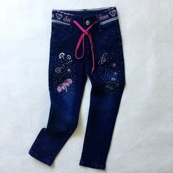 Children's Jeans, Girls' Hot Stamping, Embroidery, Ribbed Drawstring, Denim Pants