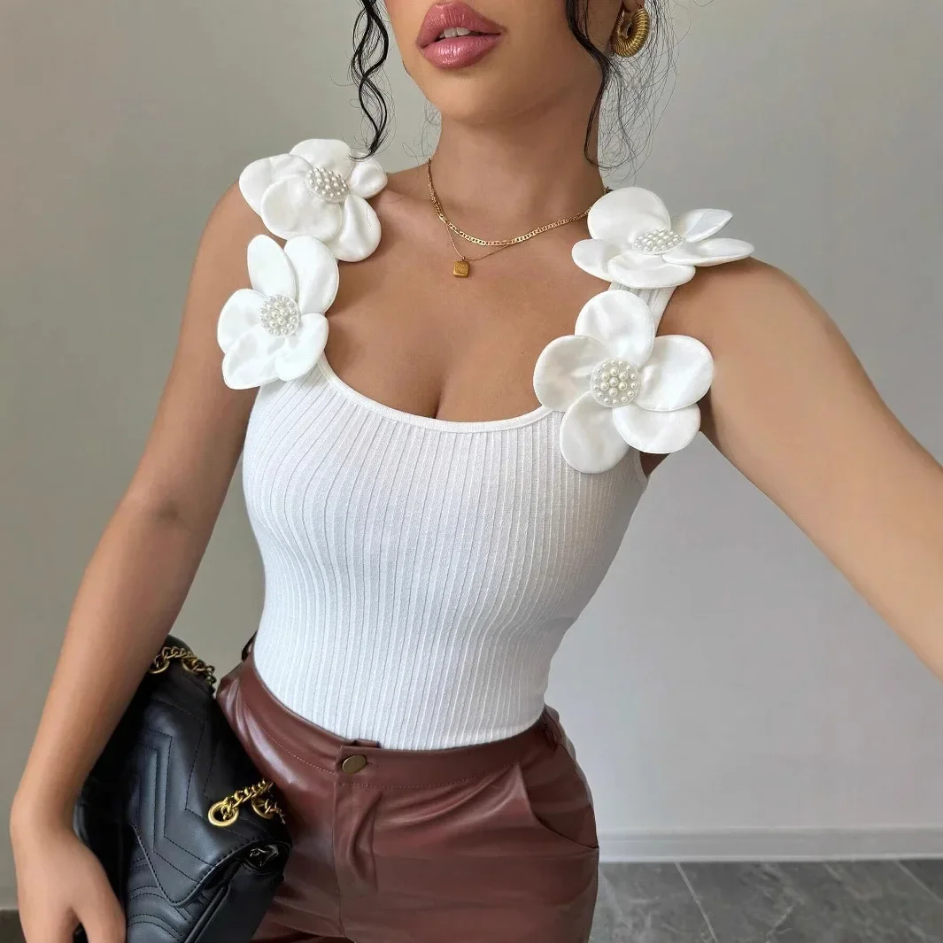 Summer Lady Zircon Flower Decor Slim Pit Knitted Tank Camis Tops Lady Ruffle Y2k Slim Vests