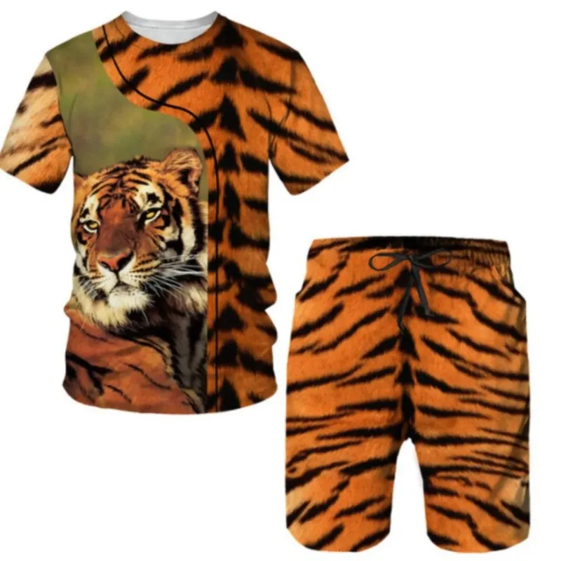 Summer Men's Sets Shorts Outfits 3D Tiger Printed Short Sleeve T-shirt 2 Pieces Casual Tracksuit Oversized Beach Sportwear New