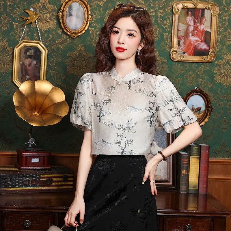 Chiffon Chinese Style Women's Shirt Summer Prints Vintage Blouses Loose Short Sleeve Women Tops Fashion Clothing