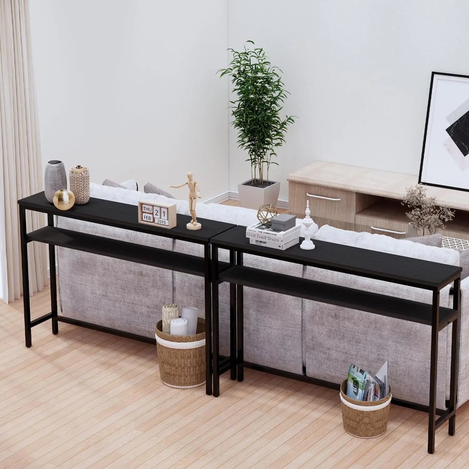 Timberer Narrow Console Table, 47 Inch Sofa Table with Adjustable Shelf, 2-Tier Long Skinny Table for Hallway, Entryway, Living