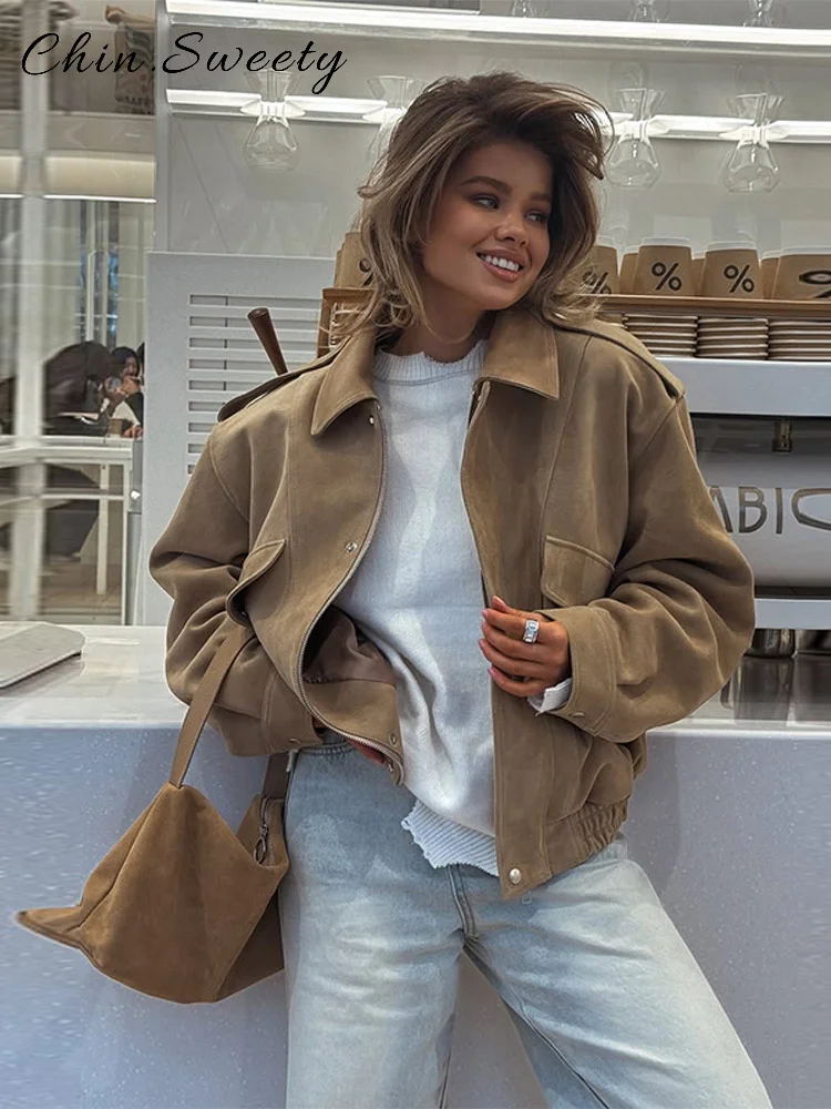 

Уличная женская однобортная замшевая куртка-бомбер, свободное пальто с лацканами и длинными рукавами и карманами, осень 2024, женская шикарная верхняя одежда для поездок на работу