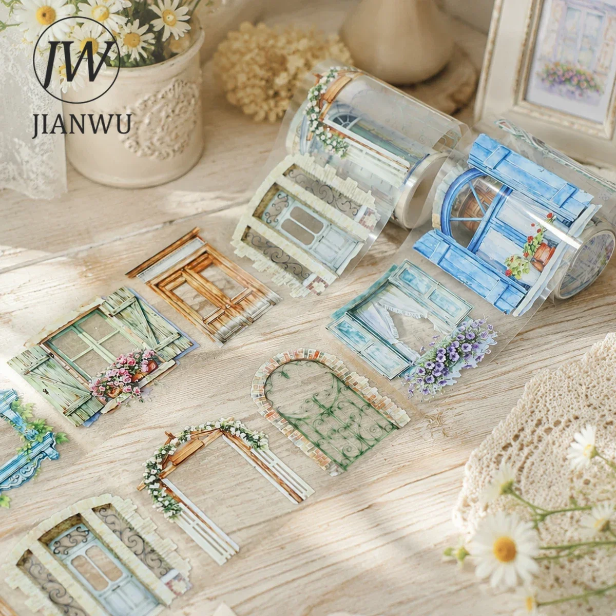 JIANWU 70mm*200cm Vintage Flower Street Window Landscape Material Collage Scrapbooking PET Tape Creative DIY Journal Stationery