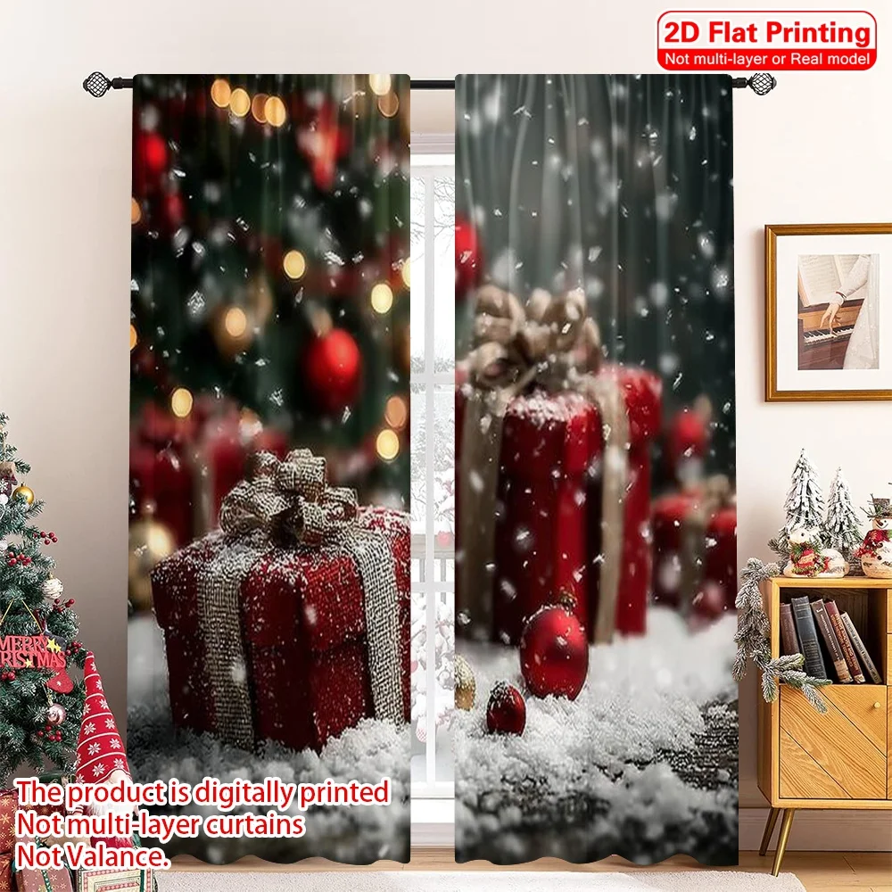 

2pcs 2D flat printing Christmas Scene Curtain Christmas snowflake tree gift Versatile Polyester Fabric Without Electricity