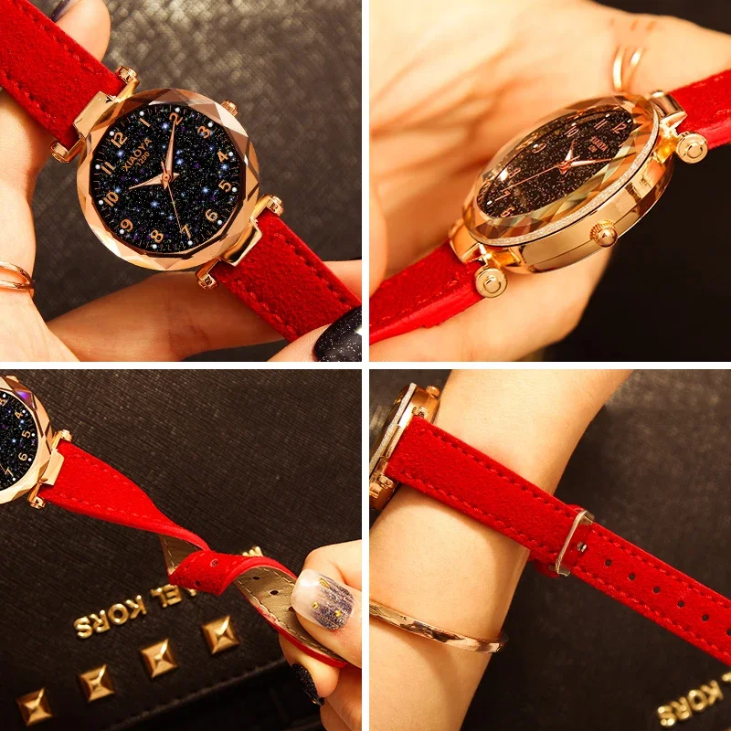 Luxury Starry Sky Watch for Women Fashion Ladies Quartz Wristwatch Red Leather Waterproof Clock Relogio Feminino Zegarek Damski