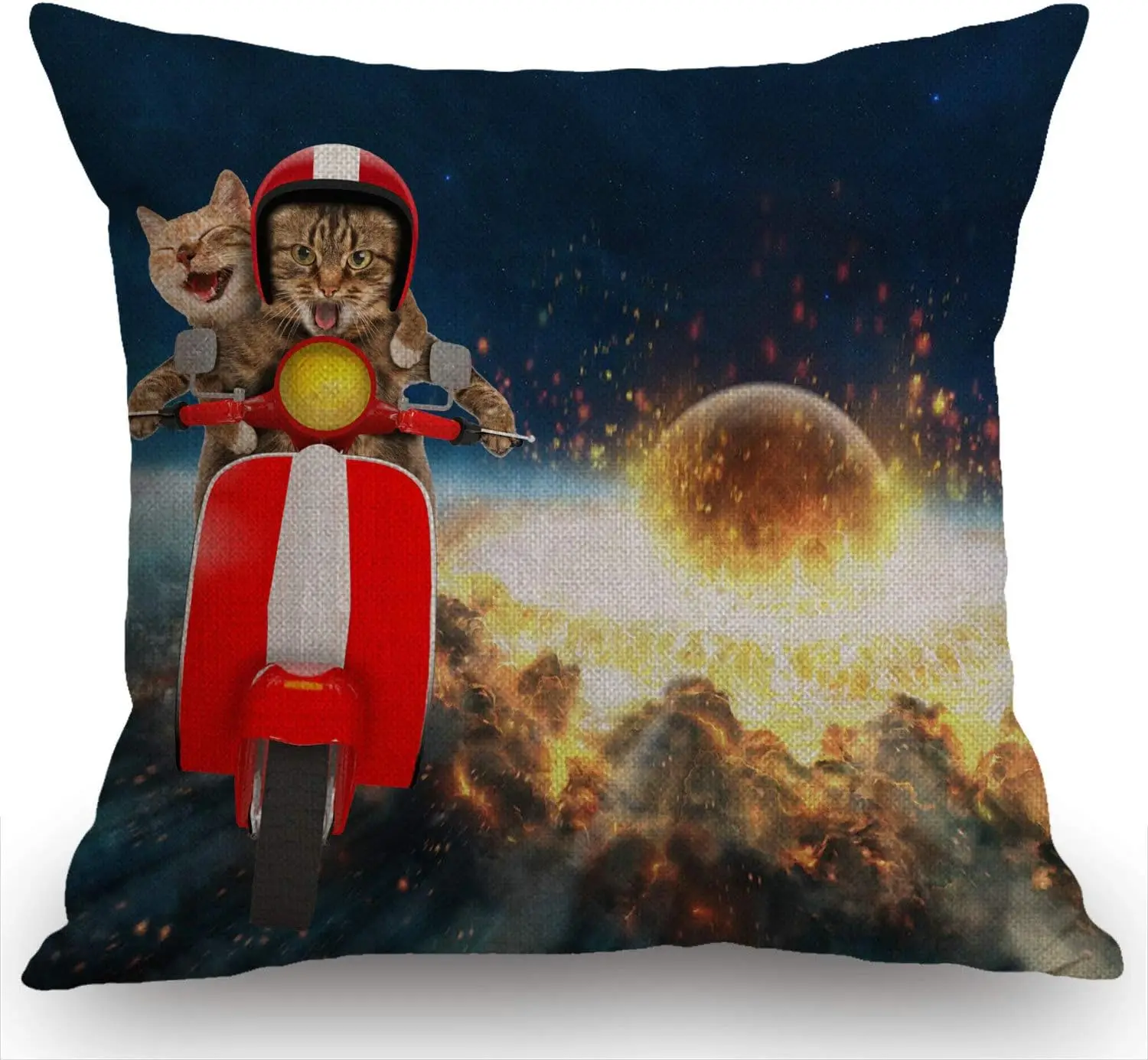 

1pc Funny Cats Are Driving A Moped Cotton Linen Throw Pillow Case Cushion Cover Home Office Decorative for Sofa Living Room