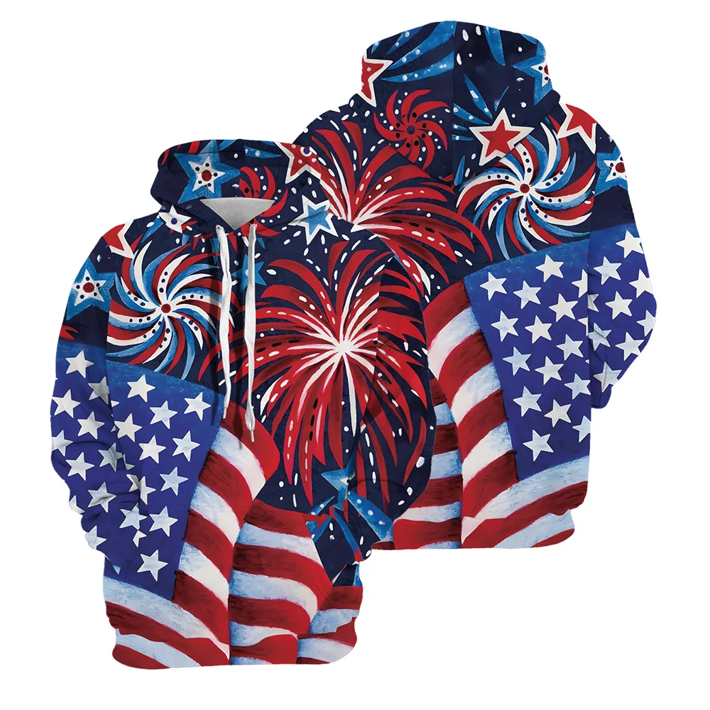 

American Flag Men's Hoodie Long Sleeve Colorful Firework Family Hooded Sweatshirt Fashion Streetwear 3D Printed Unisex Clothing