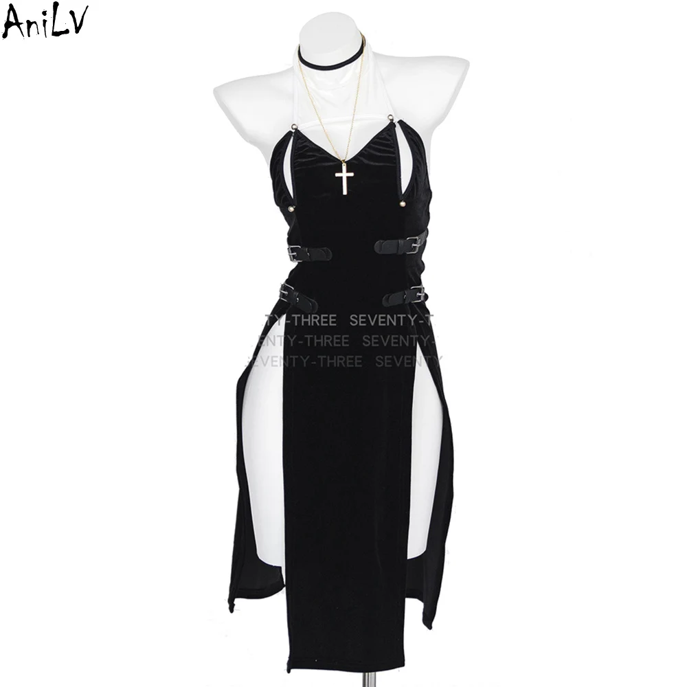 

AniLV Japanese Anime Girl Nun Uniform Women Hollow Dress Cross Necklace Outfits Cosplay Costumes