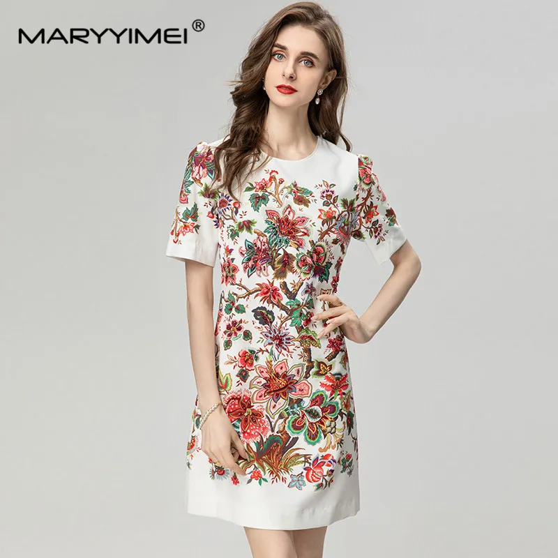 

MARYYIMEI Fashion Designer Spring Summer Women's Short-Sleeved Beading Printed Dress Streetwear White High quality Dresses