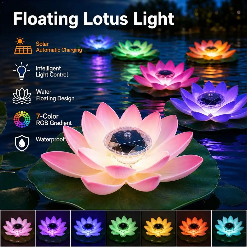 LED Light Floating Lotus Light  Waterproof  Solar Powered Lotus Lamp Water Floating Lotus Night Lamp Intelligent Light