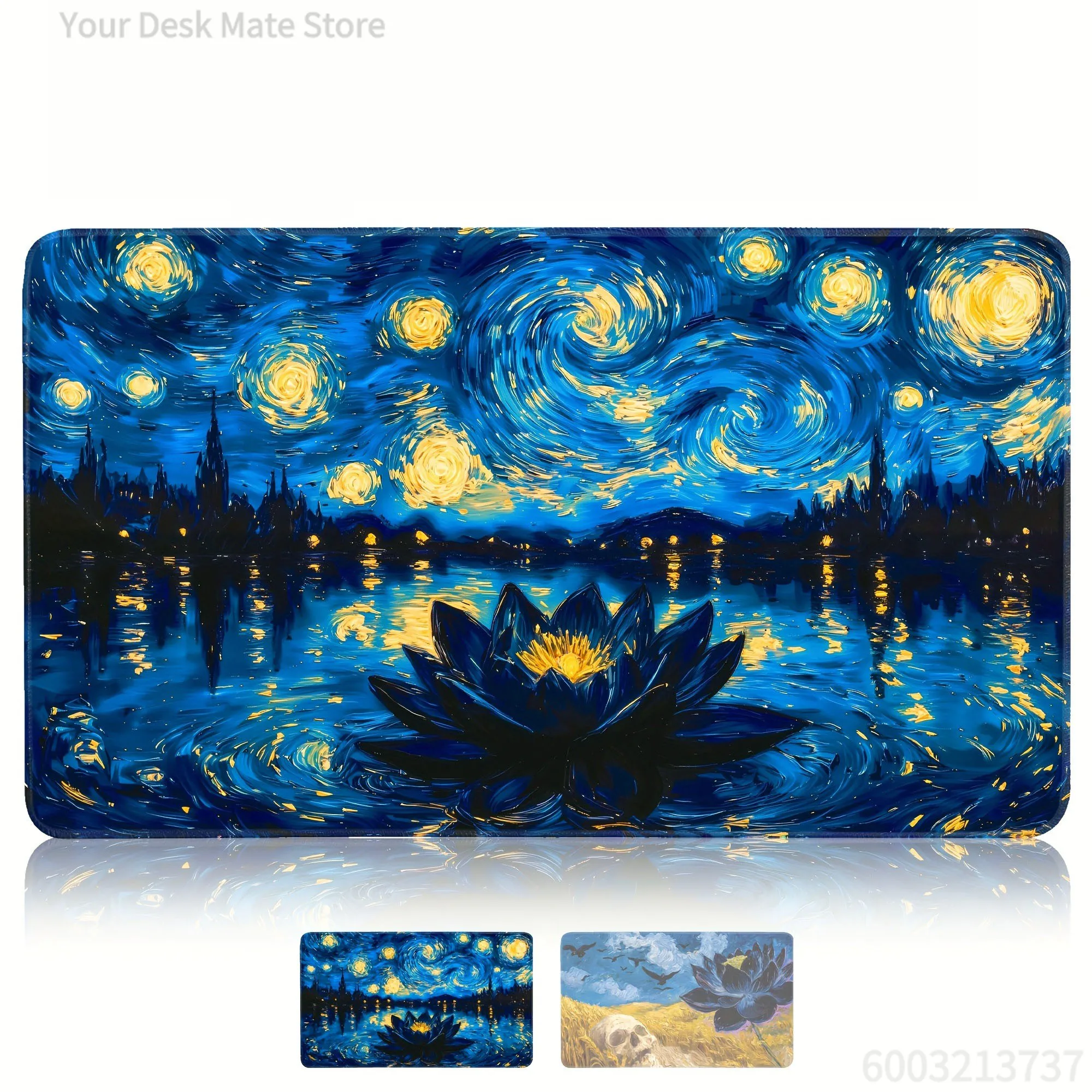 1PCS Van Gogh Style Black Lotus Skull Art Large MTG Playmat Locking Edge Non-Slip Rubber Desk Mat for TCG Card Game