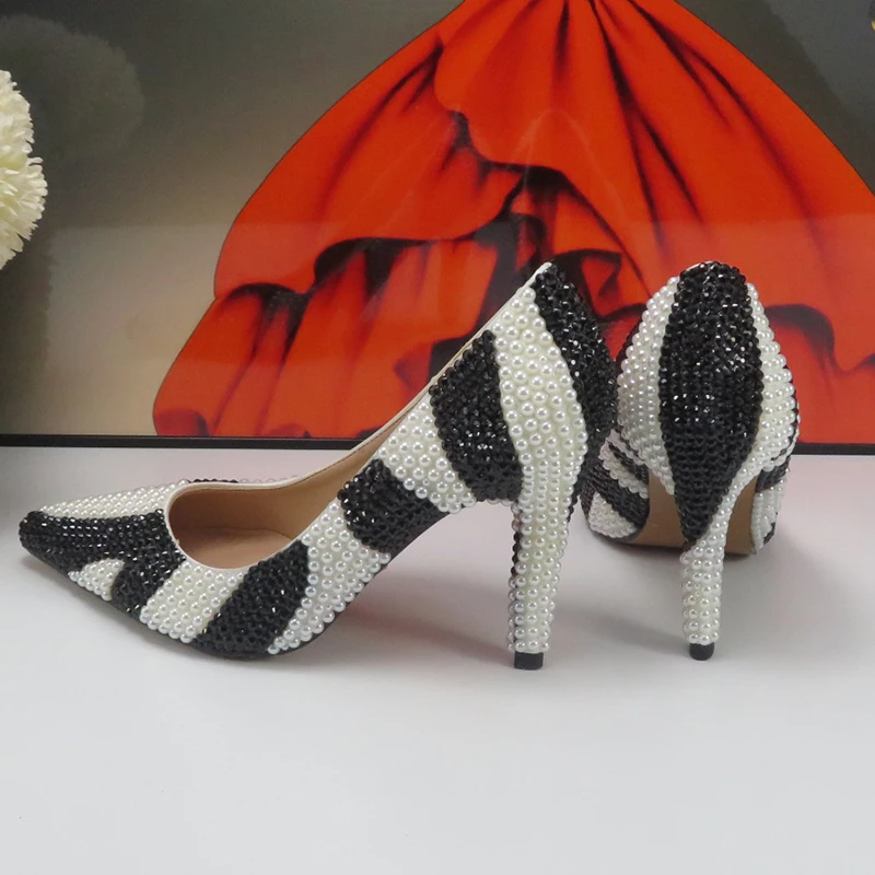 Zebra Pearl Bridals scarpe da sposa scarpe da sera femminili décolleté alte tacco sottile scarpe alte a punta per donna Shallow