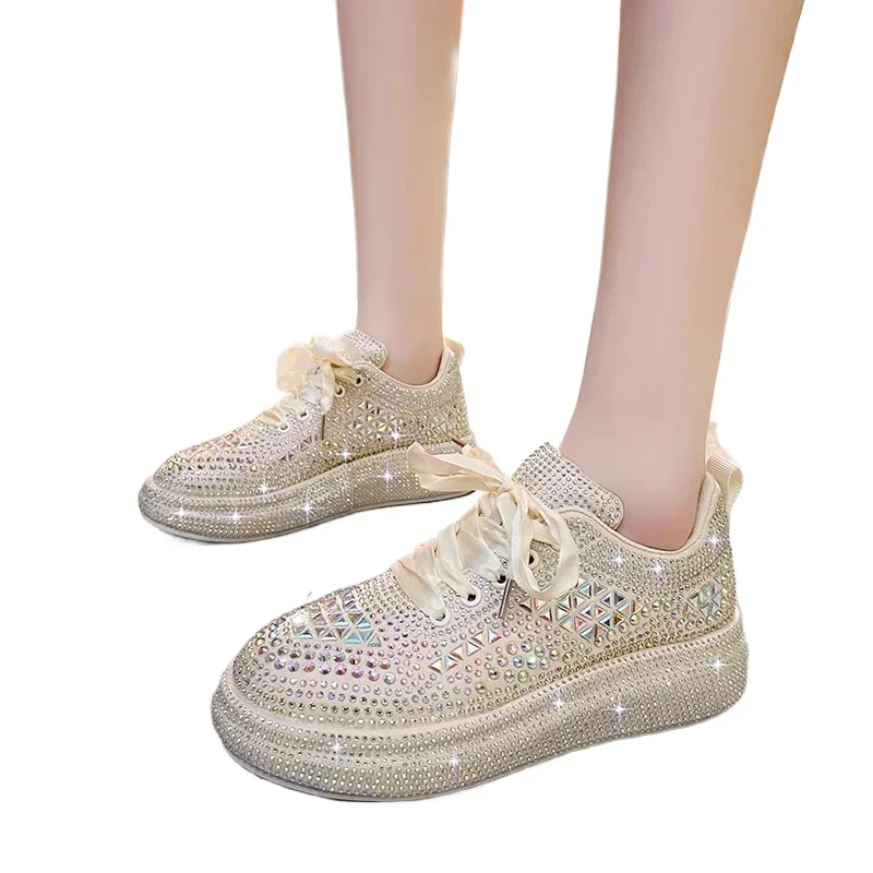 

White Silver Shoes New Platform Shoes Woman 2024 Autumn Rhinestones Thick-soled Shining Crystal Sneakers Trend Casual Sneakers