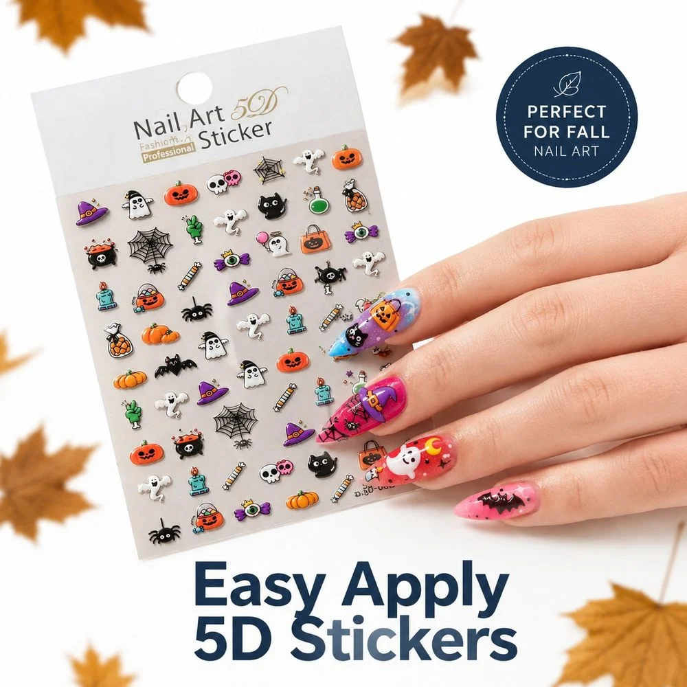 1Pc 5D Embossed Adhesive Halloween Nail Stickers Assorted Cauldron Candy Spider Pumpkin Designs DIY Salon Nail Art Accessories