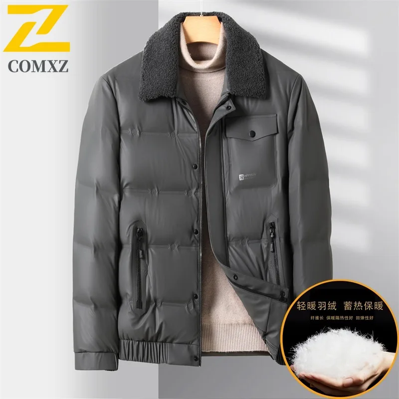 

COMXZ Мужская куртка-пуховик с отложным воротником, теплая стеганая куртка в уличном стиле, офисная работа, ветрозащитный дизайн, зимняя подкладка