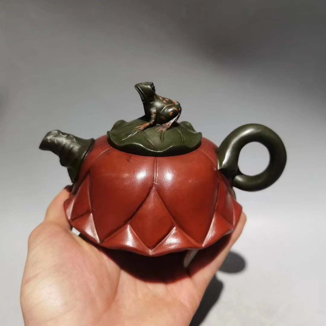 

Old Chinese Handcraft Enameled YiXing Purple Clay(yellow stoneware) Teapot,The frog climbed&Lotus leaf,with mark,Free shipping