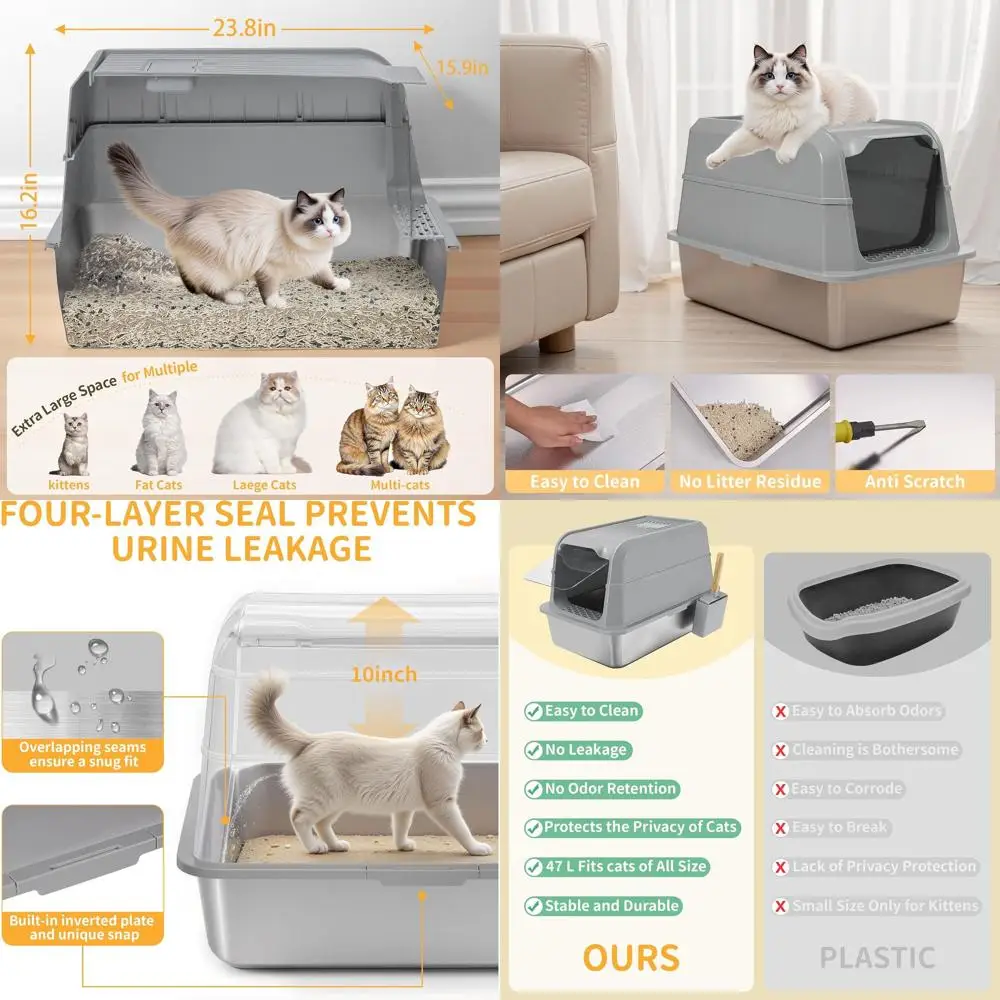 

Extra Large Grey Stainless Steel Litter Box with Lid, High-Sided Enclosure, Odor Control, Easy Clean