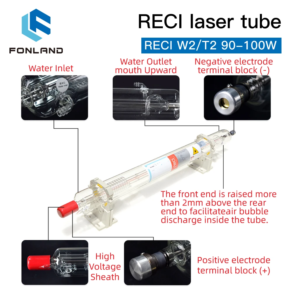 FONLAND Reci W2/T2 90W-100W CO2 Laser Tube Dia.80mm/65mm For CO2 Laser Engraving Cutting Machine Wooden Case Box Packing