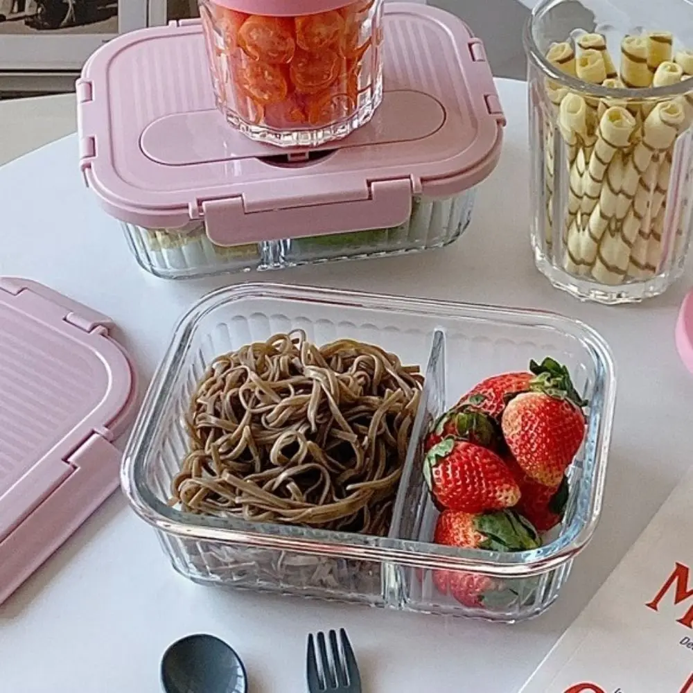 

2 Grids/Grids Glass Lunch Box Sealed Large Capacity Vertical Stripe Lunch Box Heat-Resistant with Spoon and Fork