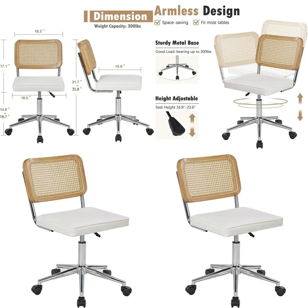 

Adjustable Height 360° Swivel Armless PU Leather Vanity Chair with Wheels for Home Office, Bedroom, and Small Spaces in White