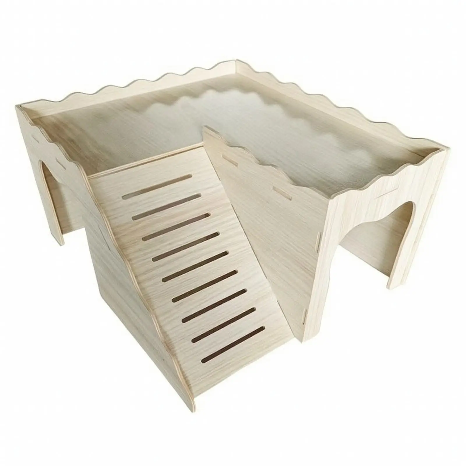 Small Animal Hideaway House for Rabbit with Elevated Deck and Easy Climb Ramp for Large Hamster Cage Setup