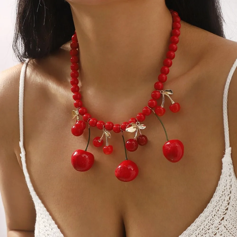 Cute Handmade Fruit Cherry Necklace Korean Style Minority Design Red Bead Necklace Jewelry Accessories Y2K Clavicle Chain Party