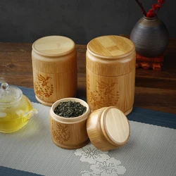 Handmade Bamboo Tea Storage Box Carved Tea Canister Lid Seal Kitchen Storage Jars Accessories Spice Box Case Organizer