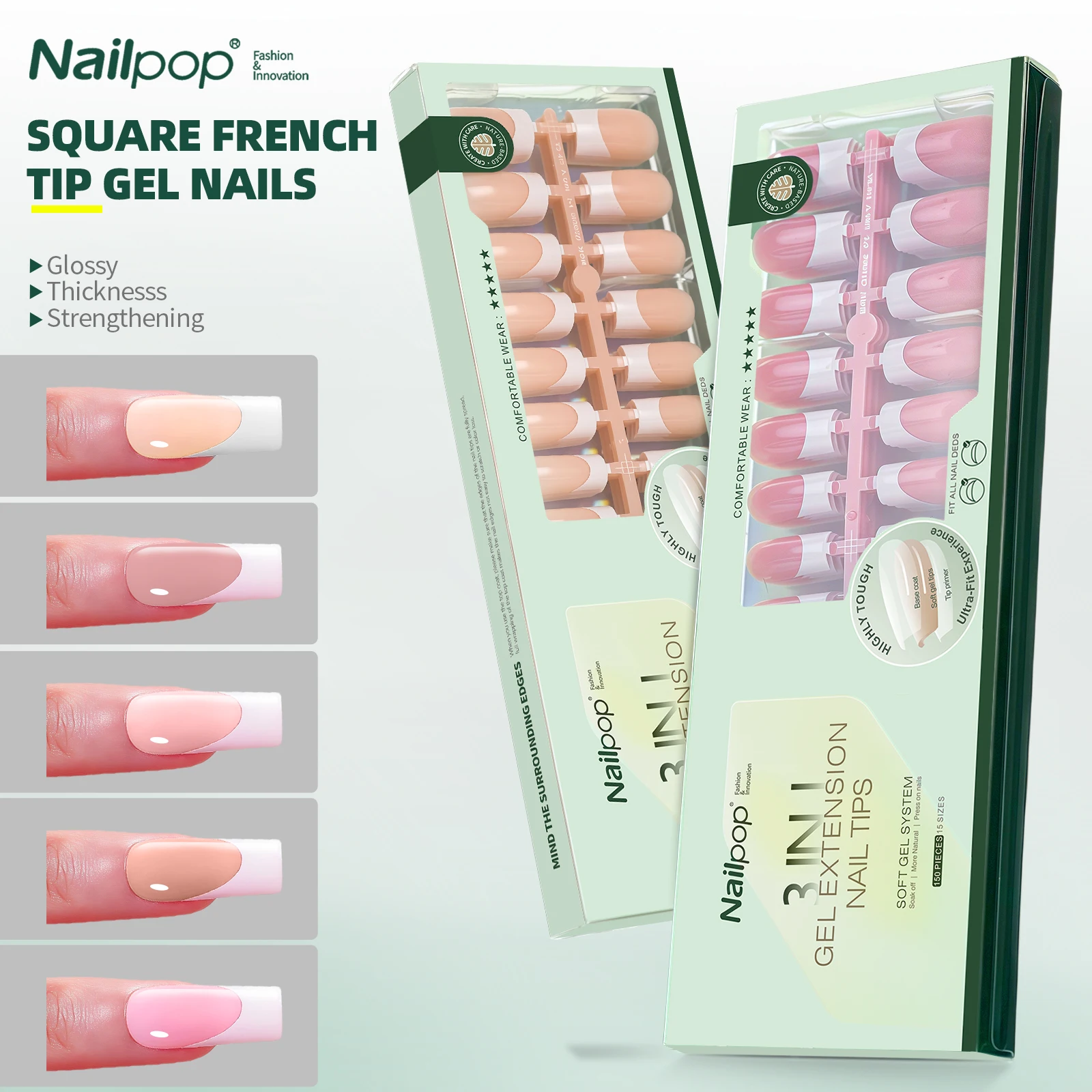 

Nailpop French Press-On Nail Tips Natural Fake Tips Extension Cover Artificial Nail Tips Finger Home DIY Nail Salon Tools 150pcs