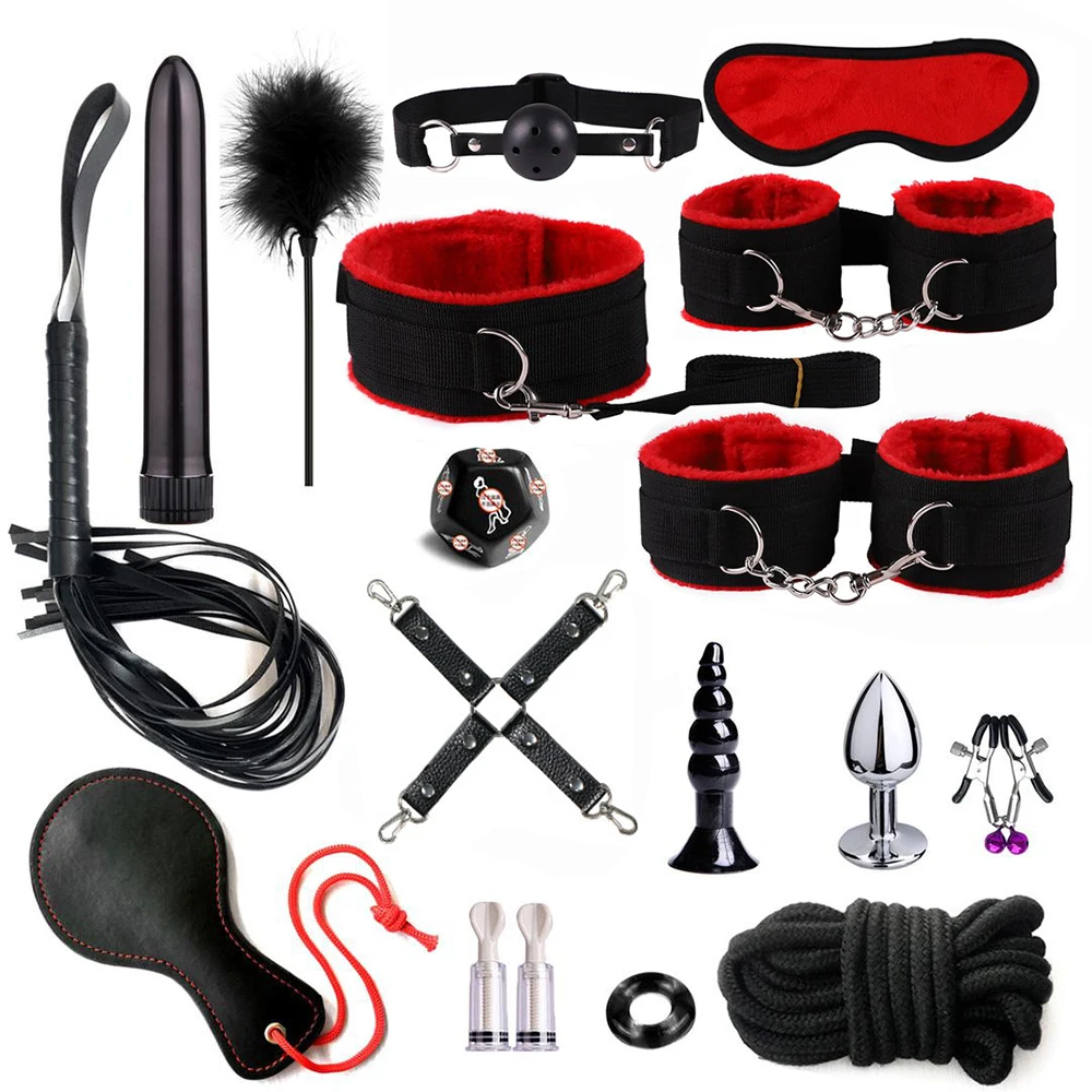 Bdsm Sexy Leather sexual couples kit Adults Sex Toy Set for Women Men Handcuffs Nipple Clamp Whip Spanking Anal Plug Vibrator 18