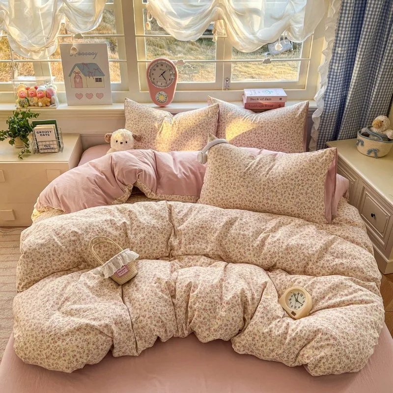 Class A washable small fresh printing four-piece set, student dormitory bed sheet three-piece set