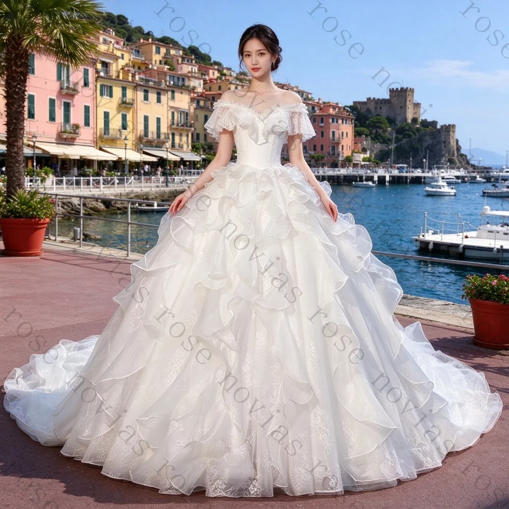 Customized Sweetheart Off Shoulder Ruffle Wedding Dress Lace Waist Fold Chiffon Fluffy Princess Bridal Gown Suitable for Church