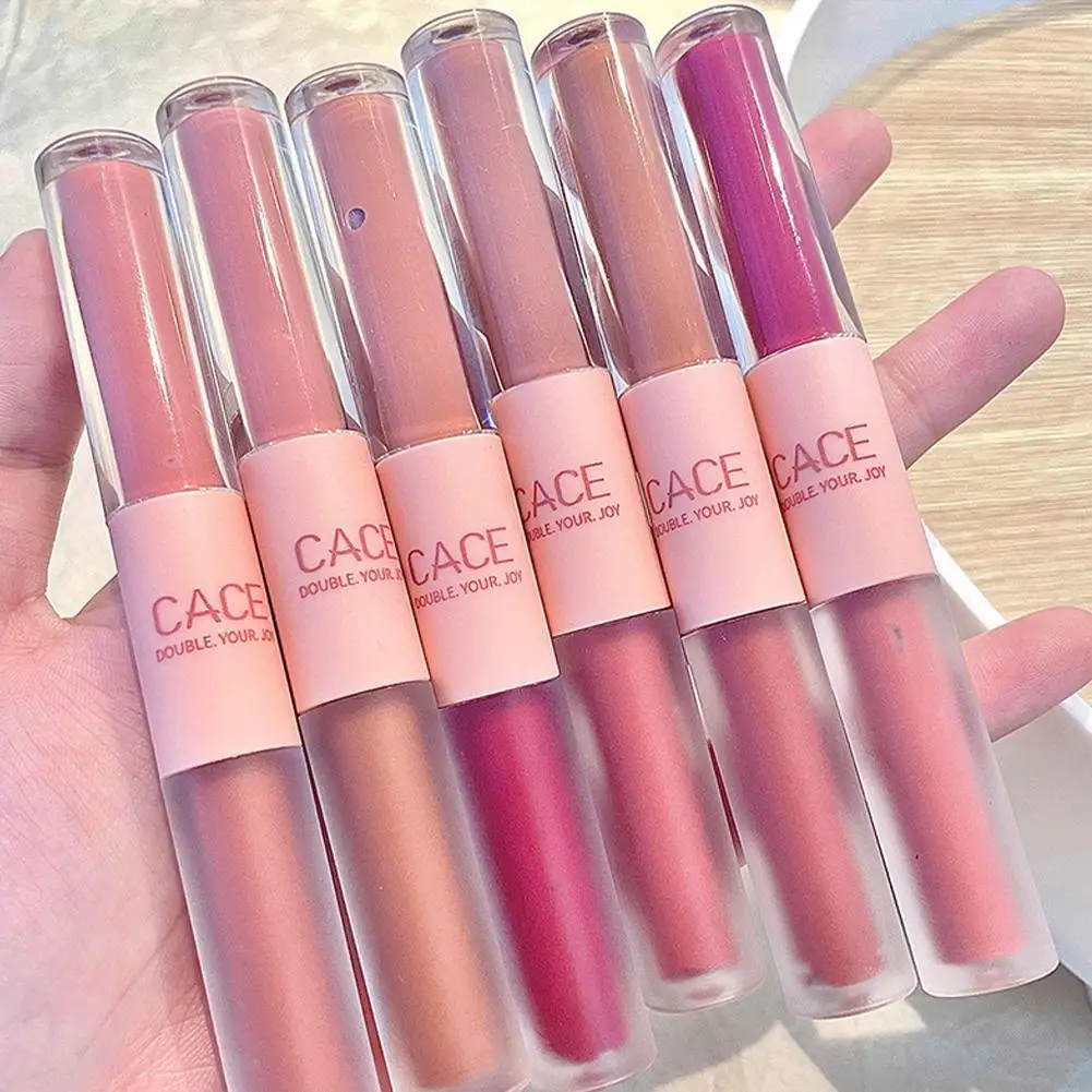 Brillo de labios de doble cabeza, brillo de labios mate de terciopelo, brillo de agua, hidratante, Cosméticos de labios impermeables, 6 colores