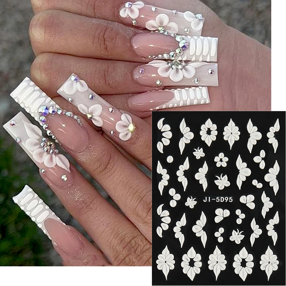 5D Relief Flowers Nails Stickers White Acrylic Carving Blossom Butterfly Decals Wedding Nail Ideas DIY Manicure Applique #JI5D95