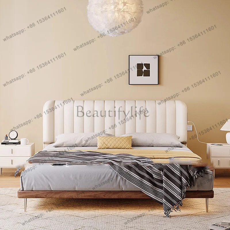 White Lumbar Support Bed Frames Charging Station Modern Loft Adults Bed Frames King Size Low Lit 2 Personnes