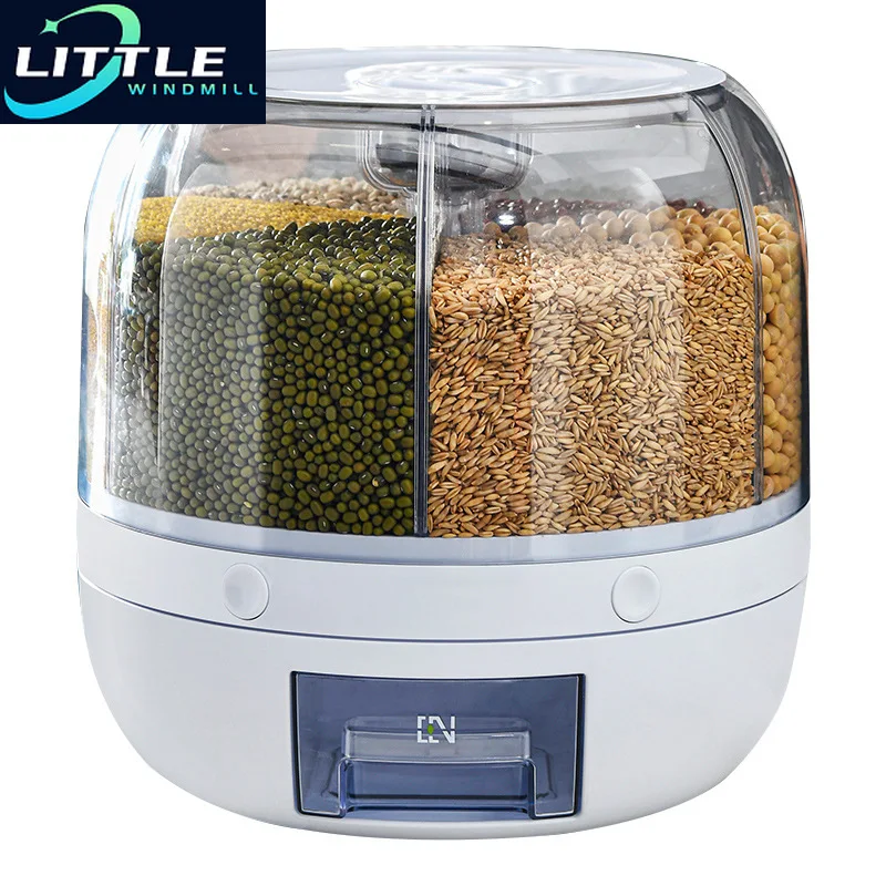 360 Degree Rotating Rice Dispenser Sealed Dry Cereal Grain Bucket Dispenser Moisture-proof Kitchen Food Container Storage Box