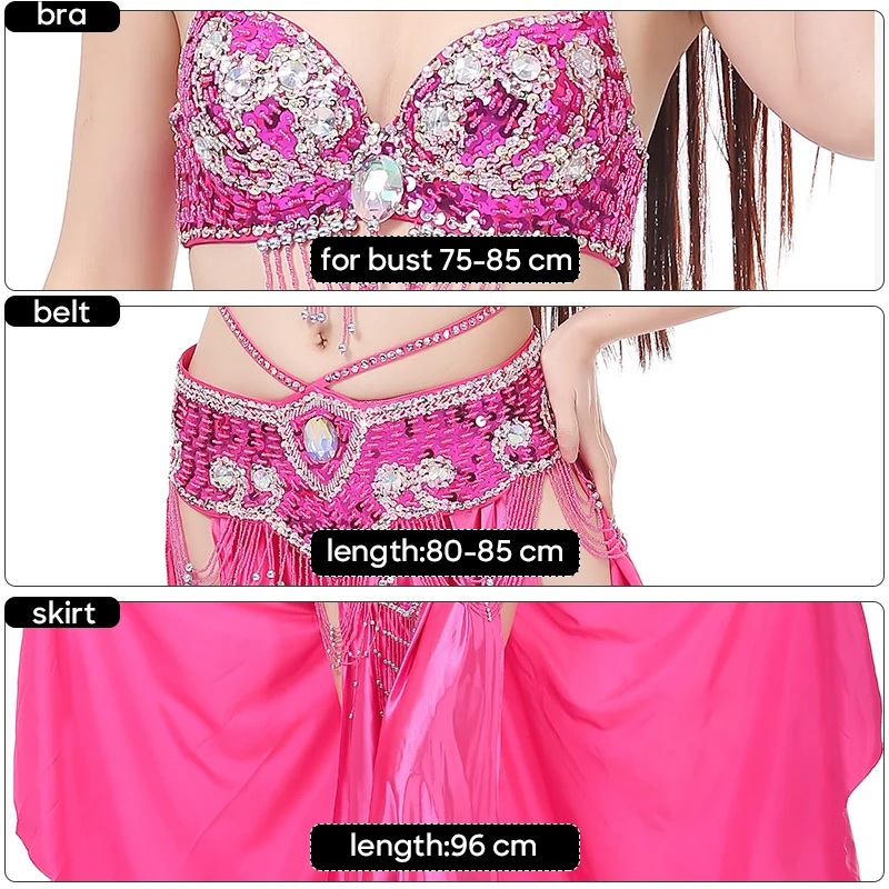Belly Dance Costume Handmade Beads Bra Belt and Skirt 3 Pieces Set Stage Performance Suit Personal Training Practice Clothes