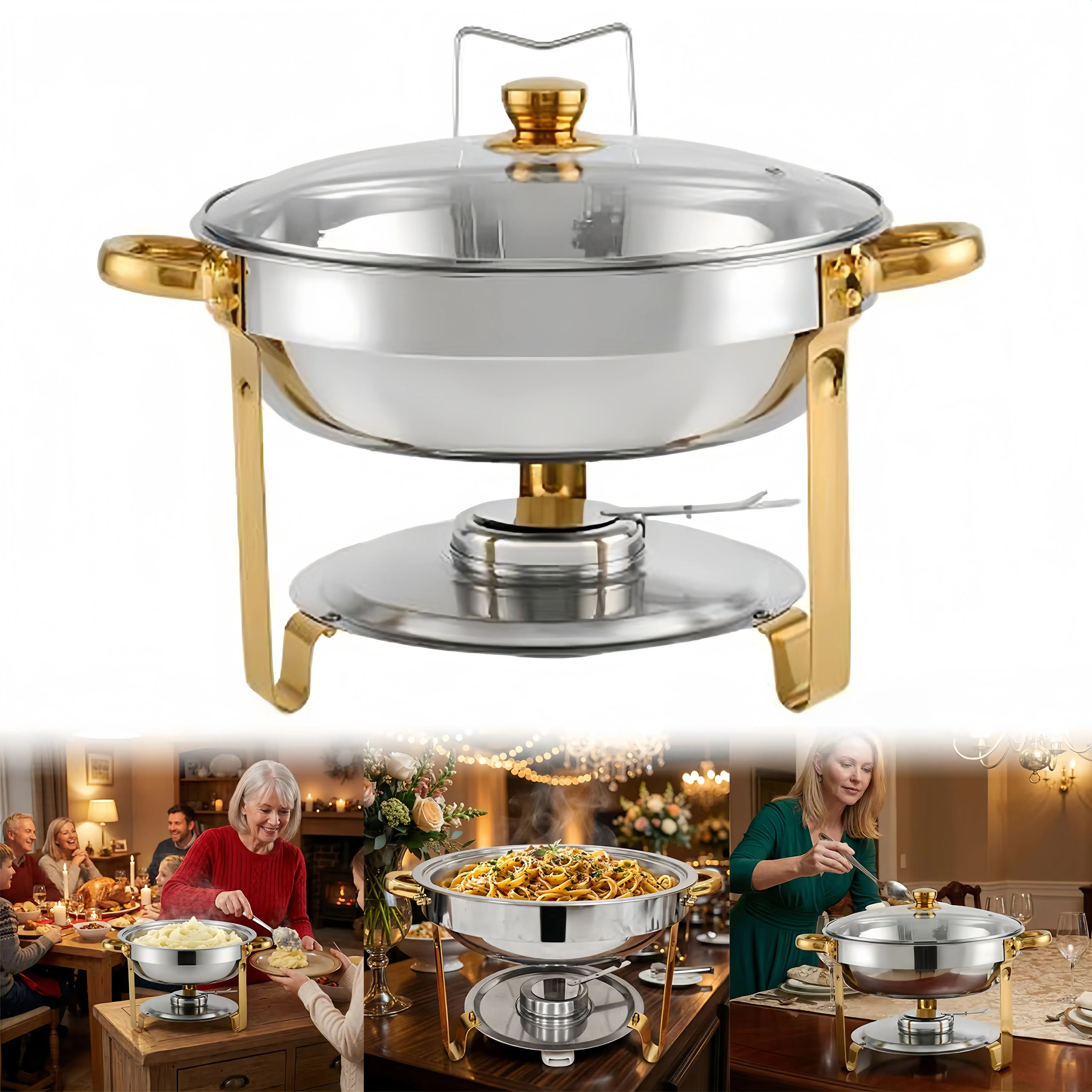 1/2/4 Pack 5 Litre Round Food Warmer with Lid & Lid Holder Chafing Dish Buffet for Birthday & Holiday Parties Church Events