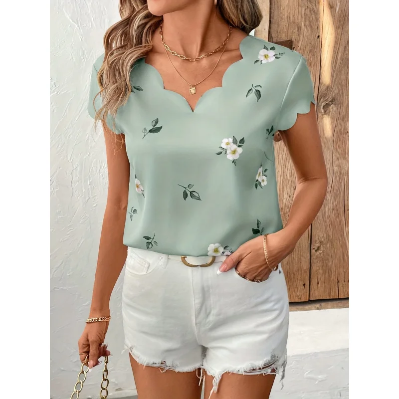 

Women's Elegant Blouse with Green Floral Print &-Trimmed Petal Sleeves - Lightweight Summer Shirt