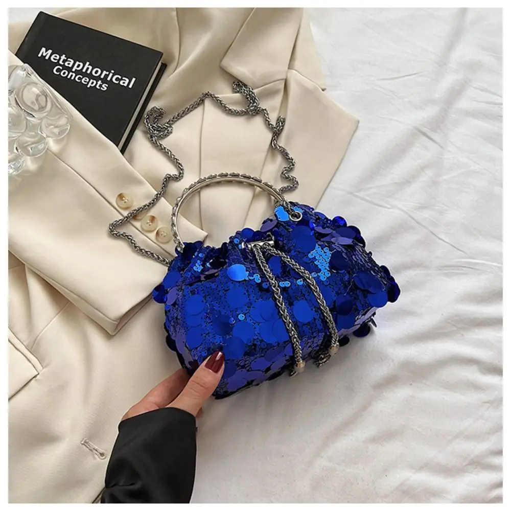 Mini Sequin Shoulder Bag Fashion Bucket Shiny Handbags Tassel Underarm Chain Crossbody Bags with Round Handle for Women Girl