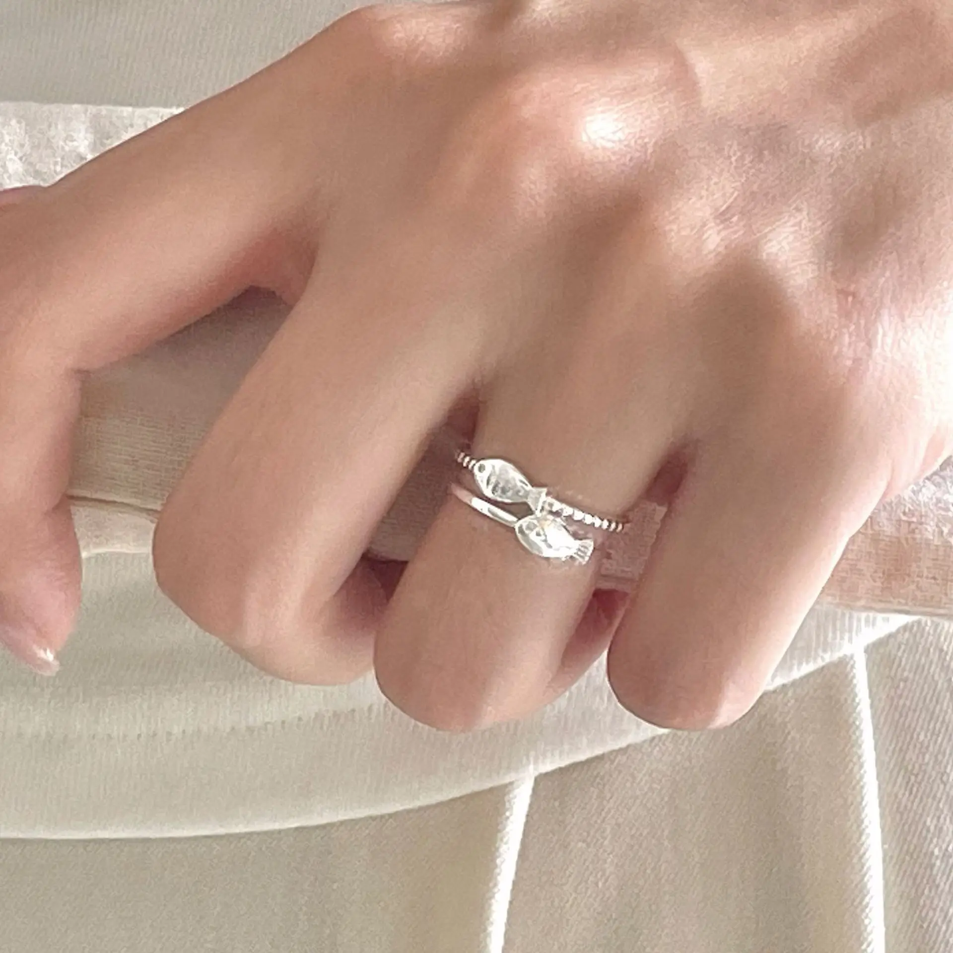 PANJBJ 925 Sterling Silver Fish Ring for Women Double Layer Weave  Texture Hollow Out  Design Originality Jewelry Dropshipping