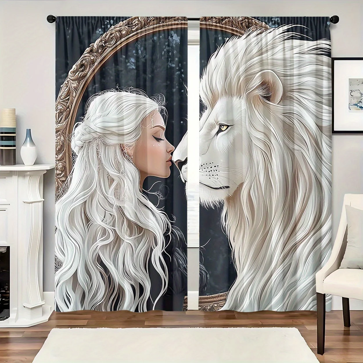 White Lion and Woman Portrait Curtain 3D Printed Fantasy Art Pattern Living Room Bedroom Decorative Blackout Thermal Insulated