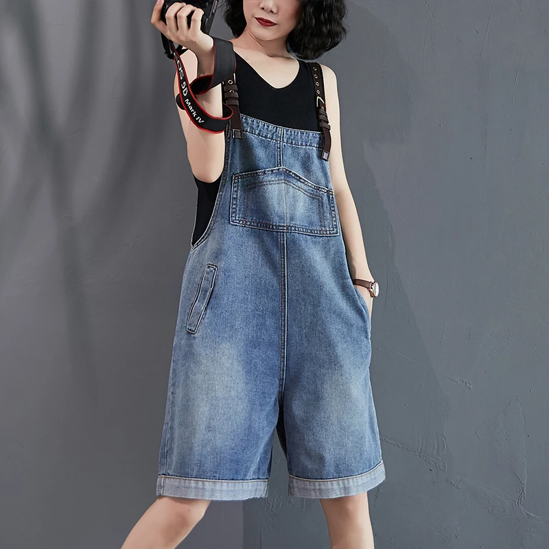 Plus Size Damen-Jeans-Overalls, Sommer 2022, locker, lässig, schlankmachend, vielseitig, blaue Jeans-Overalls, hohe Taille, dünner Stoff, k...