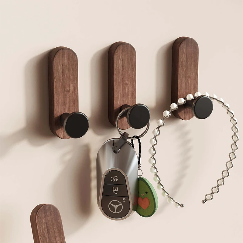Self Adhesive Wall Hooks Walnut Wood Mounted for Hanging Coat Towel Clothes Blanket Hat Backpack Coat Keychain Entrance